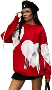 [RanRui] Women's 2025 Love Heart Fringed Winter Fall Sweater Women's, Crew Neck Fashion Pullover Knitted Sweater Chunky, Red, Medium