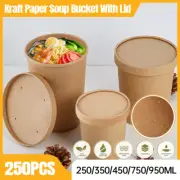Biodegradable Kraft Paper Soup Bucket Takeaway Tubs Cups with Lid Noodles Deli