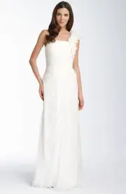 NWT cream Tadashi One Shoulder Rosette Chiffon Gown 10