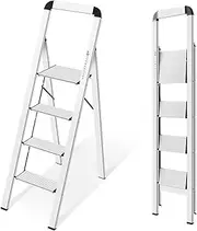 KINGRACK 4 Step Ladder with Handrail, Aluminium Folding Step Stool Portable, Non-Slip Household Stepladder with Wide Platform for Kitchen Pantry Closets Home Office, Maximum Load 150 kg, Silver