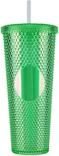 Generic 710ml Plastic Straw Cup Drinking Cup Double-Walled Rhinestone Rivet Cup with Lid Bubble Tea Cup Large Capacity for Sports