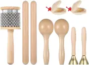9 Pcs Musical Instruments Set Wooden Hand Percussion Instruments Including Bells