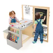 Babyjoy Kids Painting Table & Bench Set Bookshelf w/Double-Sided Art Easel & Cup Holders Toddler Art Center Desk Grey