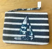 Vera Bradley Straw Wristlet Embroid Sailboat Shore Enough Stripped White/ Blue