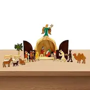 Wooden Nativity Scene Set - Indoor Nativity Scene Decorations, Classic Wooden Nativity Scene Decorations for Bedroom and Living Room, Wooden Nativity Scene with Moss Roof, Wooden Nativity Scene
