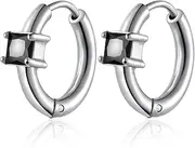 [BIYONGDE] Stainless Steel Silver Color Huggie Hoop Earrings with Solitaire Cubic Zirconia Stone, Small Hinged Hoops with Sparkling Square CZ Stone, Classic and Chic Design for Unisex