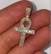 Christmas Gift Baguette Natural Moissanite Men's Ankh Cross Pendant 925 Silver