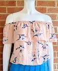 New Womens Top S Pink Floral Off Shoulder Ruffle Peasant Blouse Dainty Coquette