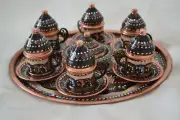 Turkish Traditional Coffee Set for 6, Hand Painted Copper Espresso Cups