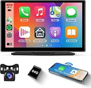 Portable Car Radio Wireless Apple Carplay Android Auto, 9'' HD Touchscreen Carplay Screen Portable Car Stereo Voice Control, Bluetooth, AirPlay, Mirror Cast, AUX/FM 64G TF Card, Backup Camera