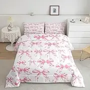Feelyou Cartoon Bowknot Comforter Set Twin Size Boys Girls Pink Bow Tie Butterfly Knot Princess Bedding Set for Kids Watercolor Bow Patchwork Duvet Quilt White Room Decor