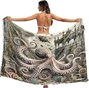 [RPLIFE] Fantasy Vintage Octopus Bathing Suit Sarong Cover Up, Sarong with Fringe, Sarong Pool, Summer Beach Sarong, Fantasy Vintage Octopus, Medium