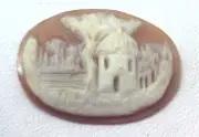 NOS Antique Hand Carved Oval Shell CAMEO Stone House & Tree Scene #N420