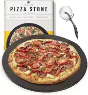 15" Ceramic Pizza Stone Set Non-Stick Stain-Free Bonus Cutter Black