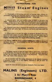 Mamod - live steam engines - copy (facsimile) operating instruction leaflet