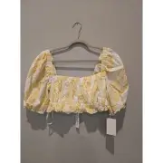 For Love & Lemons Women's XL Yellow Floral Smocked Crop Top