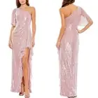 NEW MAC DUGGAL Mauve SEQUINED Cutout FLUTTER SLEEVE One Shoulder DRAPED GOWN 14
