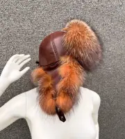 Frost Fox Fur Hat Brown Color Fur Saga Furs Brown Leather Trapper Hat Aviator