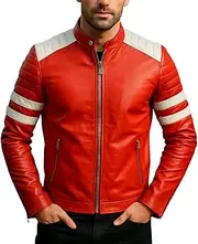 III-Fashions Mens Fight Hybrid Mayhem Brad Retro Biker White Stripes Red Synthetic Leather Motorcycle Jacket