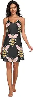 [RPLIFE] Cute Bees Black Women Full Slips, Sexy V Neck Satin Cami Dress, S-XXL