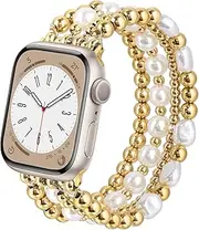AIRSPO Gold Beaded Bracelets Compatible for Apple Watch Band 38mm 40mm 41mm 42mm 44mm 45mm Women, Fashion Handmade Dressy iPhone Watch Bands Elastic Strap for iWatch Series SE 8 7 6 5 4 3 2 1