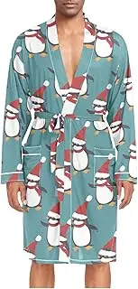 [ZZXXB] Penguin with Xmas Hat Mens Sleepwear Robe Lightweight Nightgown Long Sleeves Spa Bathrobe with Pockets M-XL