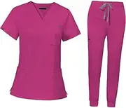 [yuksok] Uniforms Scrub Set with Pockets Nurse Top and Pants Modern Female Work Clothing Work suits Workwear for Athletic Pet Grooming, L, Rose Red