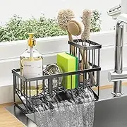 Kitchen Sink Caddy, GuanfeiTech Sponge Holder for Kitchen Sink with Brush Holder Kitchen Sink Organzier and Storage Dish Soap Sponge Caddy with Auto Stainless Steel Draining Tray for Counter