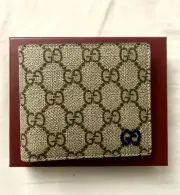 Gucci Bifold Wallet Billfold Gg Supreme Canvas Leather Bicolor Beige Blue 768243