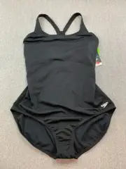 Speedo Racerback Swimsuit One Piece Sz 16 Black Conservative Swimming Slimming