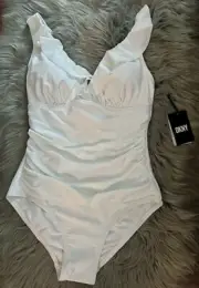 DKNY One Piece Swimsuit White Ruffled Underwire Lined Adjust. Straps NWT
