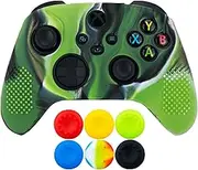 9CDeer 1 Piece of Silicone Protective Cover Skin + 6 Thumb Grips for Xbox Series X/S Controller Camouflage Green