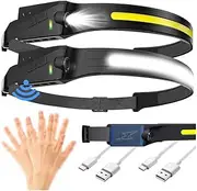 LED Headlamp 2024, 2 Pack Rechargeable Flashlight Motion Sensor, Flex pro lightbar 270° Wide Beam Bright Headband, COB LED, Lightweight Waterproof Head Light for Outdoor Running Camping Hiking