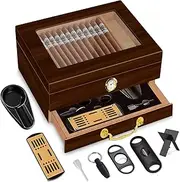 [TRBIHCX] Lockable Cigar Humidor | Peachwood Lined Glass Top Cigar Humidor | Front-Mounted Hygrometer, Accessory Drawer, Complete Accessories Set | Holds 20-70 Cigars (Black Walnut)