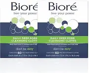 Bioré Daily Make Up Removing Cloths, Facial Cleansing Wipes with Dirt-grabbing Fibers for Deep Pore Cleansing without Oily Residue, 60 Count, Pack of 2
