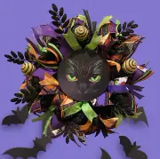 Whimsical Halloween wreath,Halloween wreath,Black Cat wreath,Halloween Black Cat