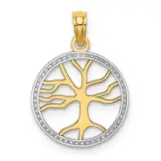 14K Gold with Rhodium Tree of Life in Round Frame Charm 0.6 x 0.8 in
