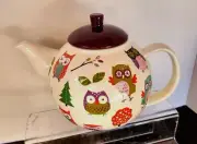 Hatley Plum & White w/ Colorful Owls 4 cup 7 " W Handle Tea Pot New no Box