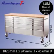 Stainless 72" 15 Drawer Work Bench Cabinet Wood Top Steel Toolbox Tool Trolley