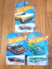 Hot Wheels Yellow Taxi, Blk/Red Mod Speeder, Green Earth Day EV Damage Card.