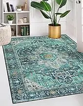 Ultra-Thin Washable Vintage Area Rug - 160X200CM Boho Entry Throw Rug, Non-Slip Bedroom Mat Non-Shedding Indoor Floor Carpet for Living Laundry Room (Green, 160x200 CM)
