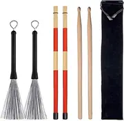 Drum Sticks Set,5A Maple Wood Drum Sticks 1 Pair, Retractable Drum Wire Brushes 1 Pair, Rods Drum Brushes 1 Pair,Convenient