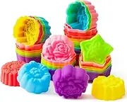 R HORSE 42 Pack Silicone Molds Cupcake Multi Flower-Shaped Baking Cups Non-Stick Donut Wrapper Mold Muffin Liners Washable for Desserts Ice Creams Puddings Donut Supply Party