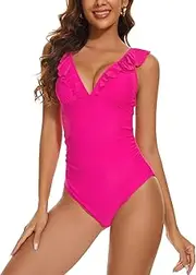 [Annbon] Women's V-Neck One Piece Swimsuit Ruffled Tummy Control Bathing Suit Lace Up Swimwear