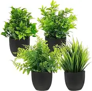 VANZACK 4pcs Potted Artificial Plastic Plants Mini Faux Plant with Black Pots Faux Succulents Plants Indoor Fake Desk Plant for Home and Office Desktop Decor