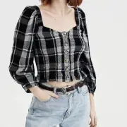 American Eagle Black White Peasant Blouse Top Stretch Women's Size Large