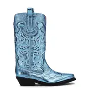 Ganni Metallic Mid Shaft Embroidered Western Boots 35,36,38,42 Blue Curacao