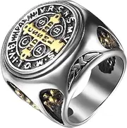OIDEA Herren St. Benedikt Medaille Ring: Gold & Silber Katholischer Kreuz Herrenring Schutzring aus Edelstahl zur Dämonenabwehr Geburtstag Jahrestag Geschenk für Familie Freund Größe 18-22