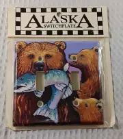 Hand Painted Mother Bear With Cubs and Salmon Switchplate Winn's Designs Alaska