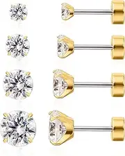 [limerencia] F136 Hypoallergenic Titanium Earrings 20G CZ Studs Set, Flat Back Earrings Cartilage Helix G23 Piercing Post of 4 Pairs 3-6mm Screw Back Earrings for Women Girls